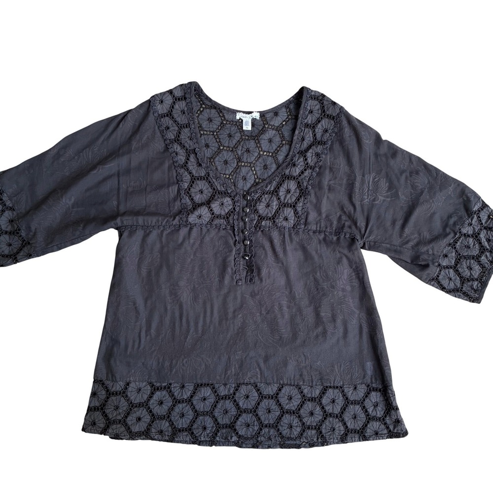 Black Crochet Lace Boho Blouse 3/4 Sleeve Small A-line Whimsigoth Dark Academia